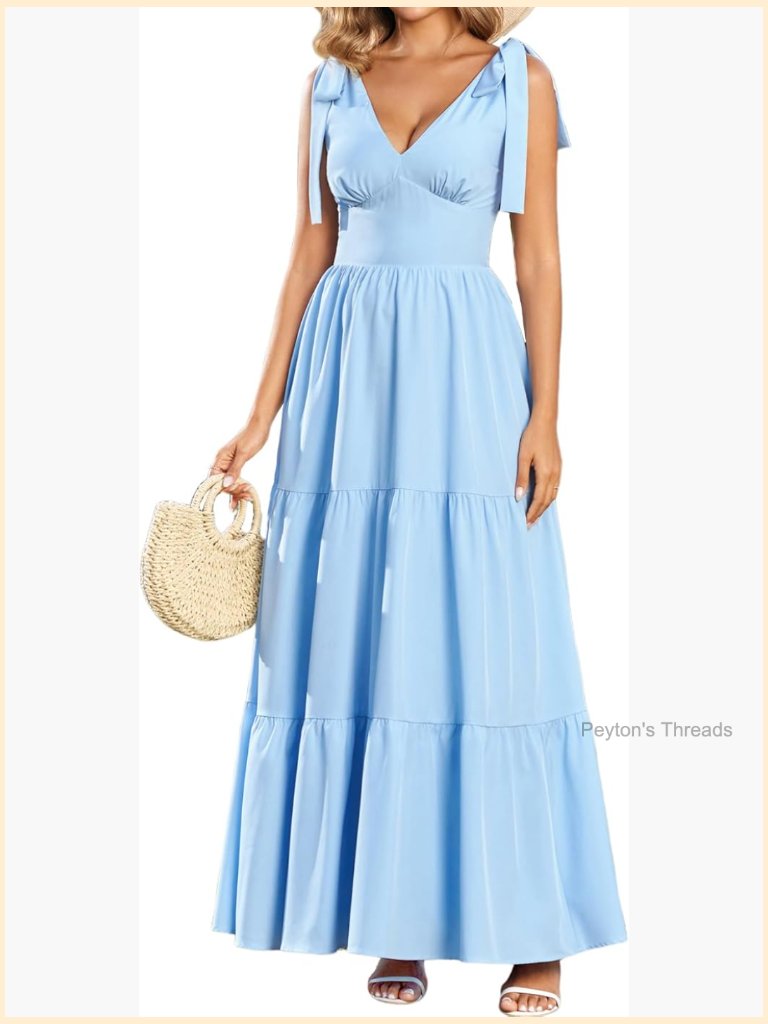 Women's Tie Shoulder V-Neck Flowy Boho Maxi Sundress For Wedding Guest